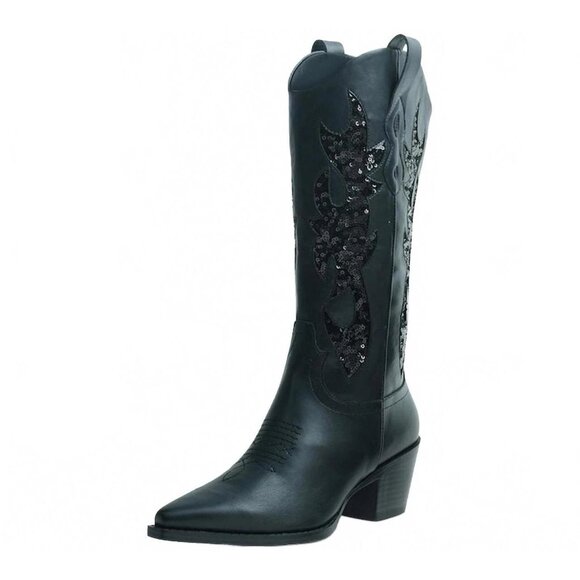 Wild Pair Lucah Cowboy Boots Black Smooth 6M Decorative Stitching MSRP $99 - Picture 1 of 8